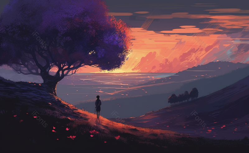 手绘风插画夕阳下女孩大树深山背景,插画/手绘图,插画/手绘图库,插画/手绘图下载,插画/手绘